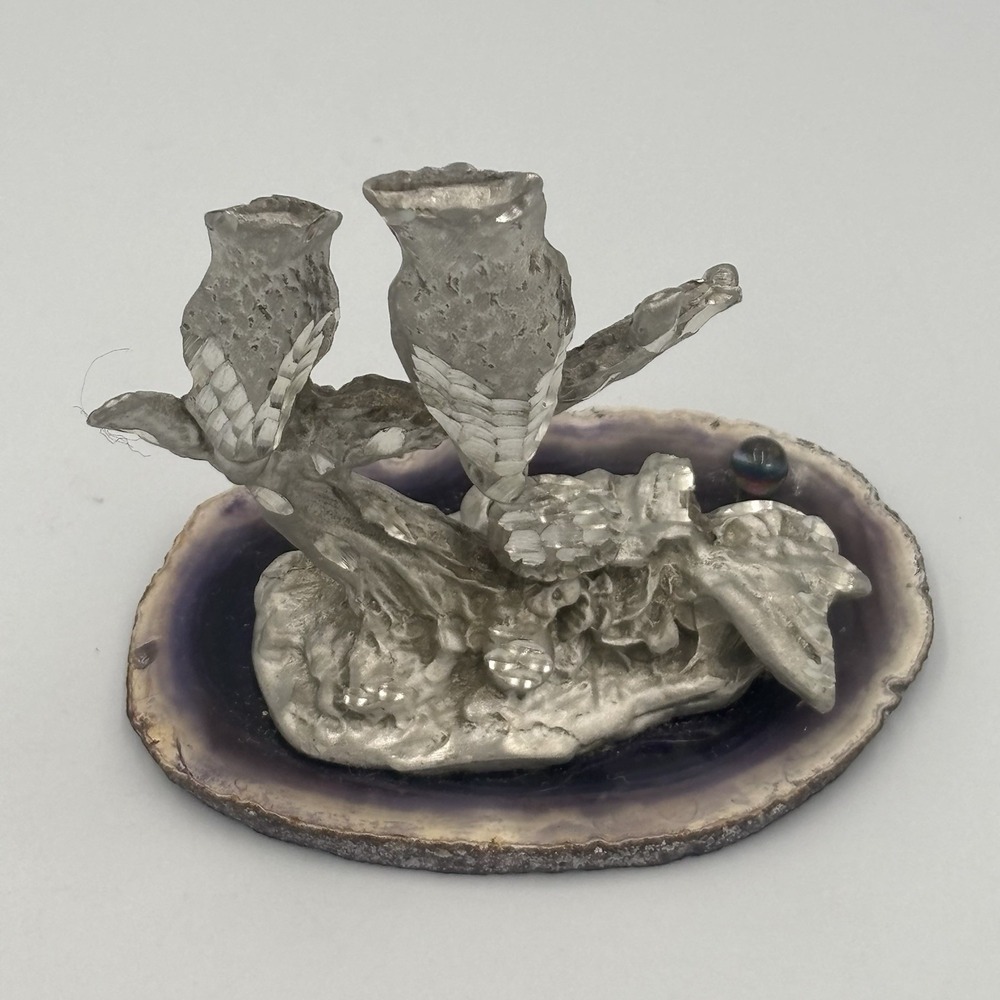Vintage Pewter Owls On Branch with Mushrooms Figure on Purple Agate - Picture 15 of 16